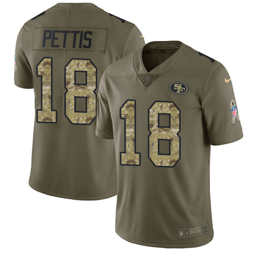 Nike 49ers #18 Dante Pettis Olive/Camo Men's Stitched NFL Limited Salute To Service Jersey - Click Image to Close